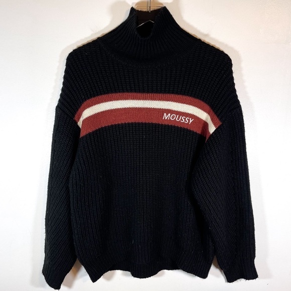 Moussy Wool Vintage Checkered Logo Striped Black Mock Neck Sweater One Size - Picture 1 of 10